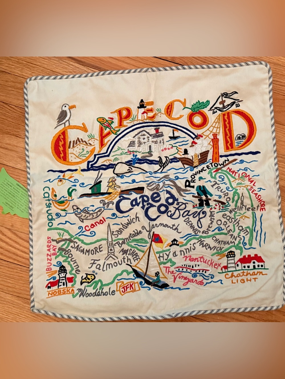 Catstudio Hand embroidered Cape Cod pillow coverwith Navy Ticking trim NWT